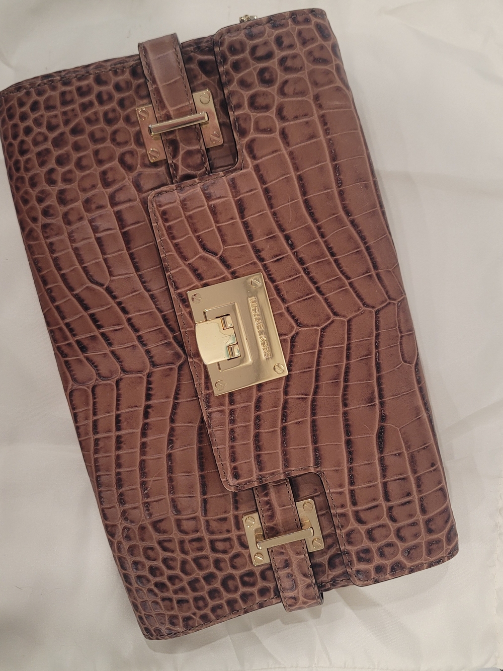 Brown Croc-Embossed Leather Clutch with Gold Hardware